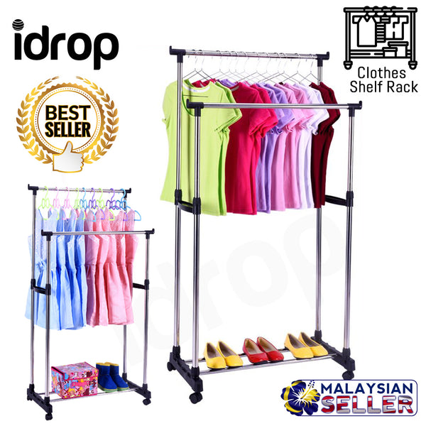 idrop Portable Double Rods Clothes Rack Rolling Height Adjustable