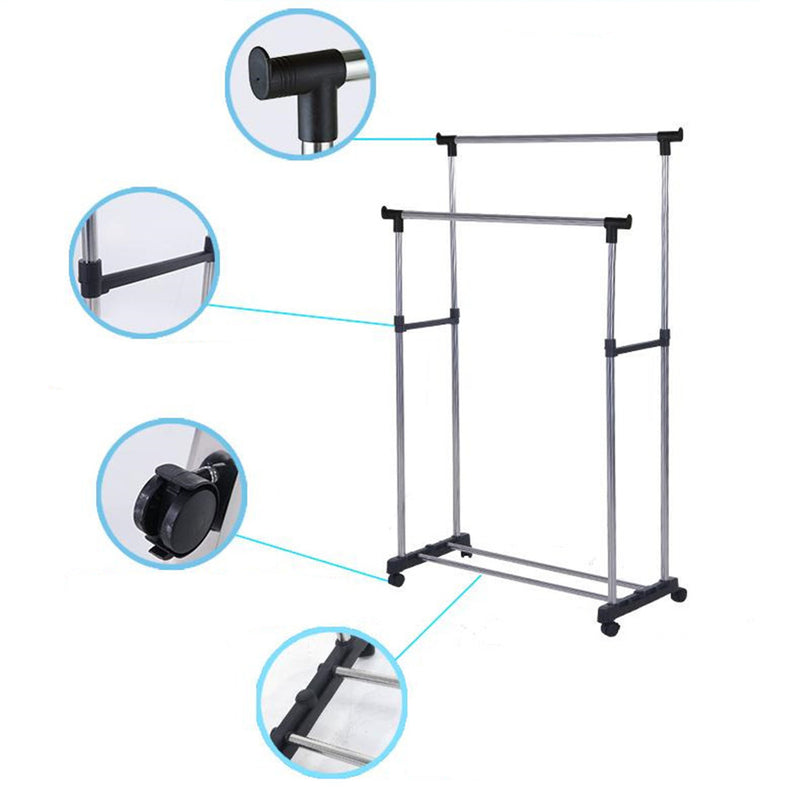 idrop Portable Double Rods Clothes Rack Rolling Height Adjustable