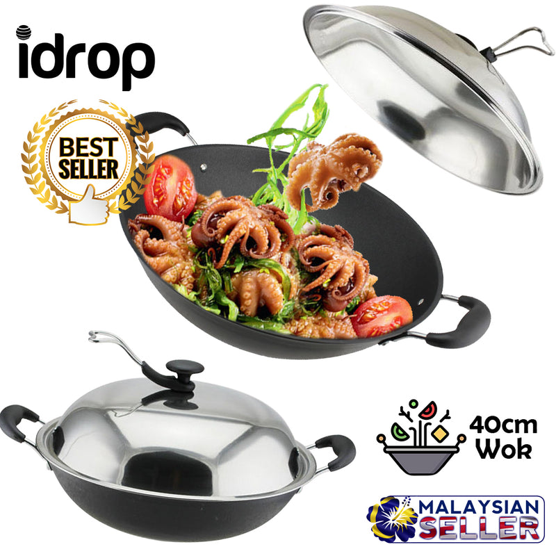 idrop 40CM Stainless Steel Cooking Wok with Lid  for Kitchen Cookware