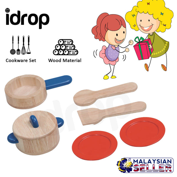 idrop Kid Children 6 Piece Wood Cookware Set with Pan Ladle Pot Turner Plates [BR-50054]