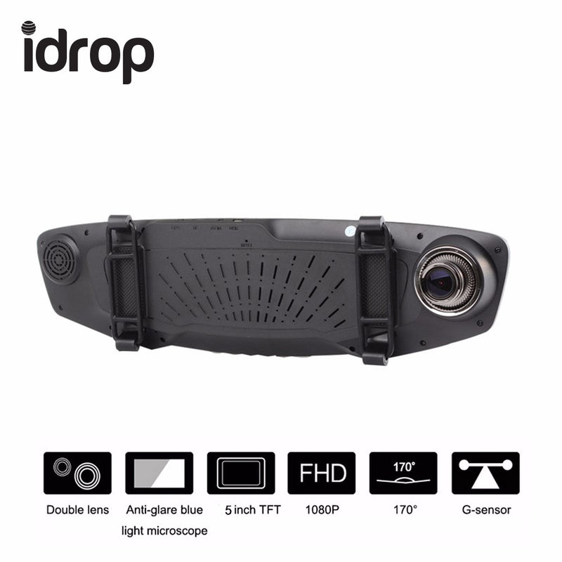 idrop D24 Car DVR HD Wide-angle Dual-lens Driving Recorder Night Vision Rear View Mirror Car Camera 5.0 Inch dash cam