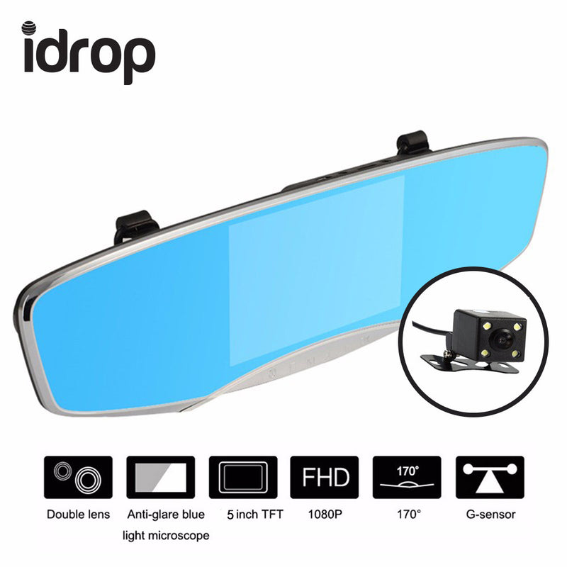 idrop D24 Car DVR HD Wide-angle Dual-lens Driving Recorder Night Vision Rear View Mirror Car Camera 5.0 Inch dash cam