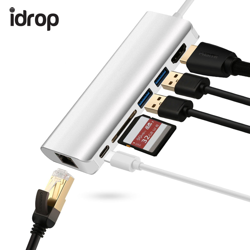 idrop USB Hub 3.0 Type-C Adapter HDMI Ethernet RJ45 Adapter 1000 MBPS SD Card Reader For Macbook Pro