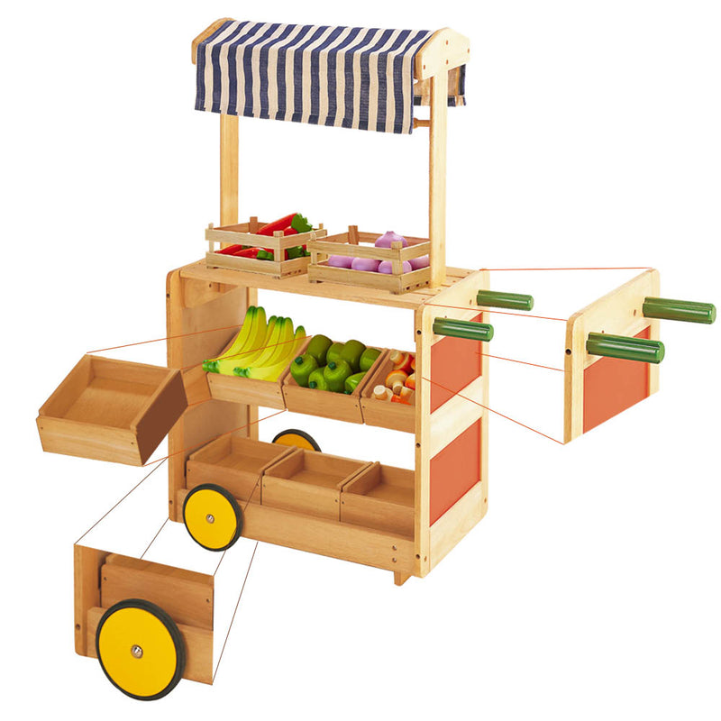 idrop Classic Kids Children Wood Trolley Kiosk with Food Storage Trays [BR-50013]