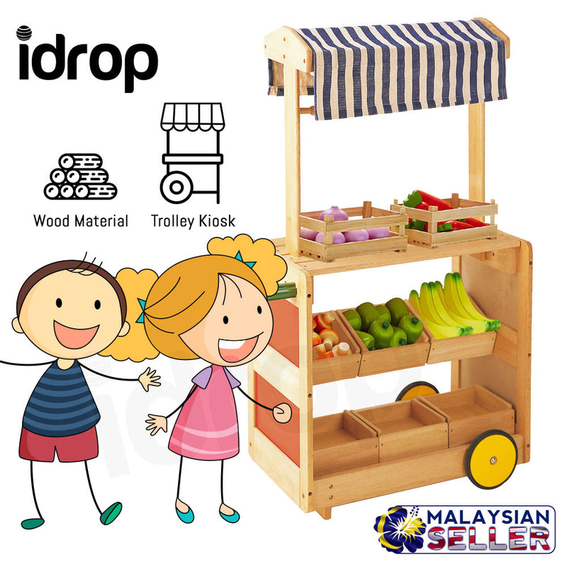 idrop Classic Kids Children Wood Trolley Kiosk with Food Storage Trays [BR-50013]