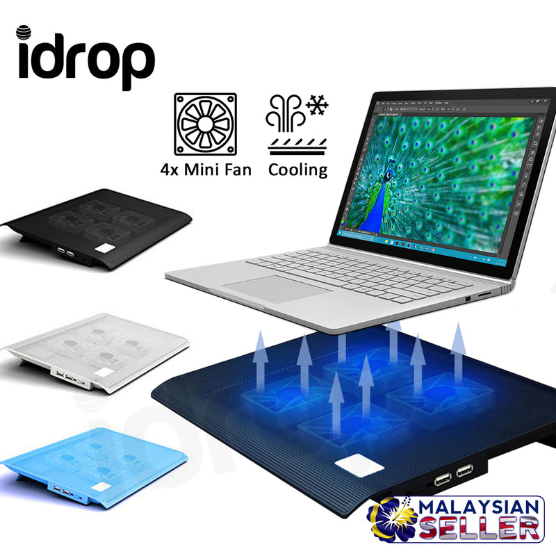 idrop L112 14"-15.6" LED Light Cooling Pad - Slim Portable USB Powered 4 Mini Fans