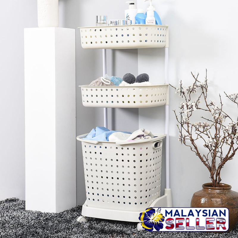 idrop 3 Layer Laundry & Toiletry Rack Shelf - Movable Rack Shelf with Basket & Wheels