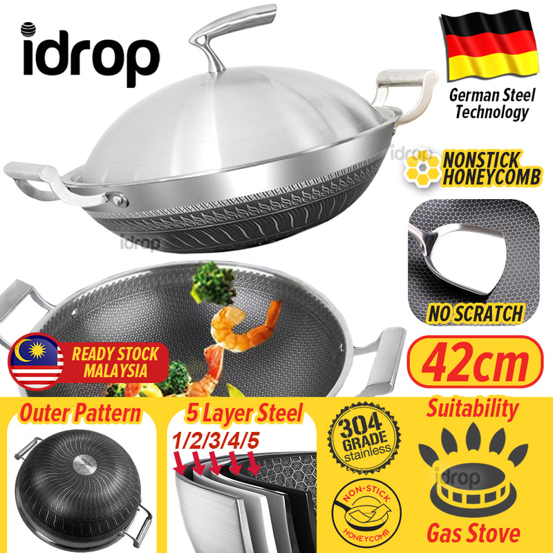 idrop 42CM Kitchen Honeycomb Non Stick Cooking Frying Wok SU304 Stainless Steel with Lid Cover