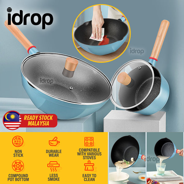 `idrop [ 30CM / 18CM ] Nonstick Kitchen Cooking Wok & Milk Pan / Kuali dan Periuk Tidak Lekat / 京瓷蓝回飞单柄不粘炒锅30CM京瓷蓝回飞不粘奶锅18CM