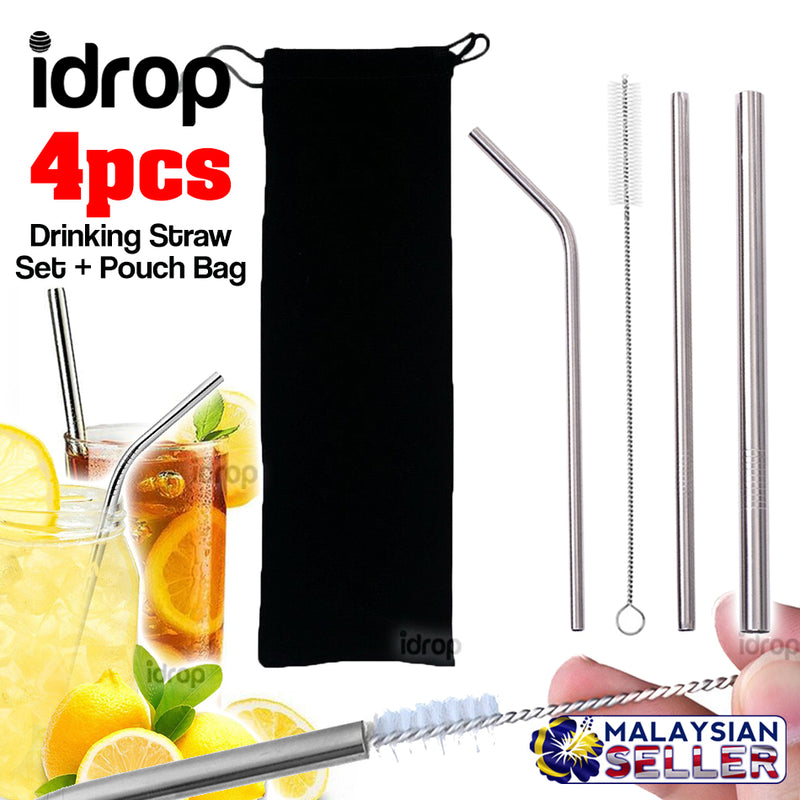 idrop 4pcs Stainless Steel Drinking Straw & Cleaner Brush + Straw Pouch Bag