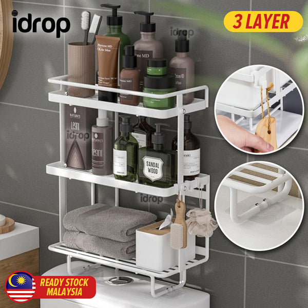 idrop Three Layer Iron Toilet Shelf Storage Rack with Hooks / Rak Penyimpanan Barang Tandas Jamban 3 Lapis / (强力胶)三层马桶上方置物架