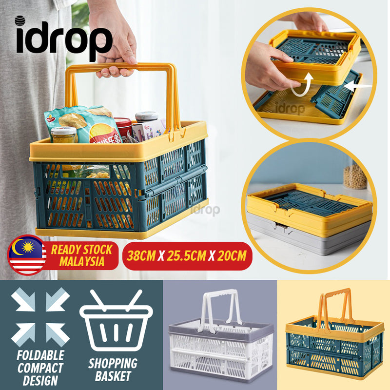 idrop Hand Folding Foldable Shopping Basket [ MEDIUM ] / Bakul Beli Belah Boleh Dilipat / 手提折叠购物篮中号 [ 38CM X 25.5CM X 20CM ]
