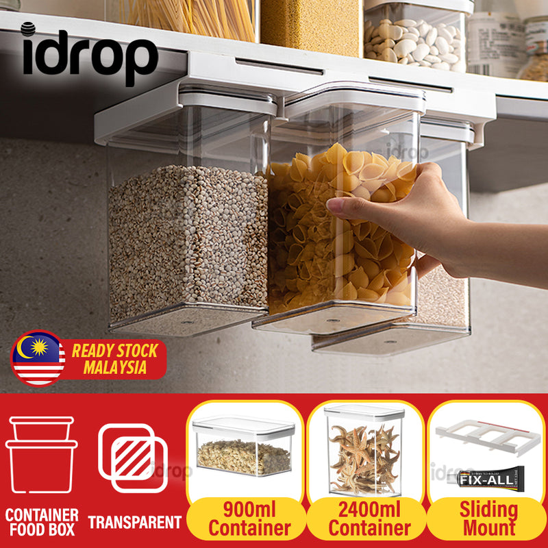 idrop Transparent Seal Tight Leakproof Food Grain Storage Container and Sliding Mount Holder [ 0.9L / 2.4L ]