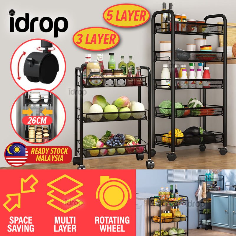 idrop [ 3 LAYER / 5 LAYER ] Trolley Basket Rack Shelf / Rak Troli Mudah Alih / 三层&五层推车网篮置物架