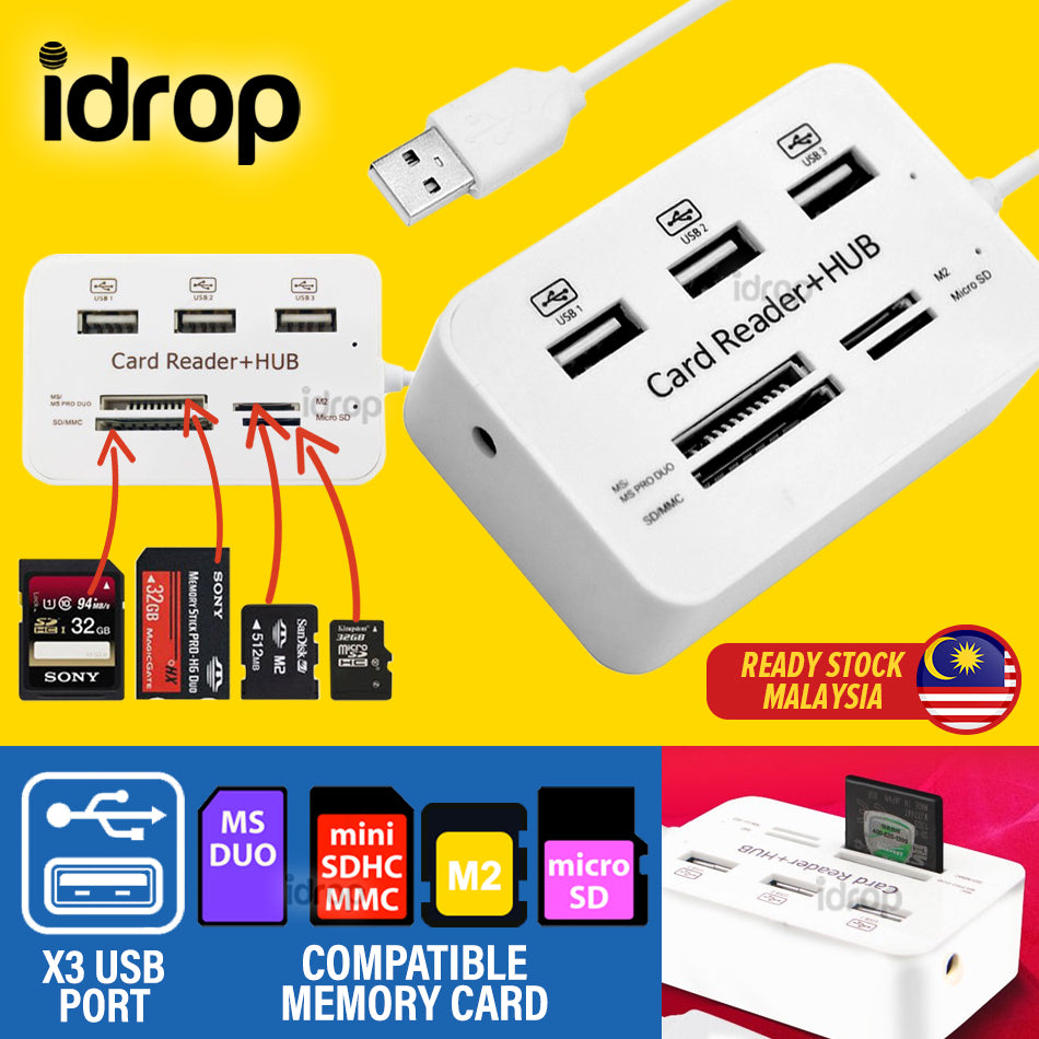 idrop MULTIFUNCTION CARD READER + HUB / USB 2.0 / MS / MS PRO DUO / SD