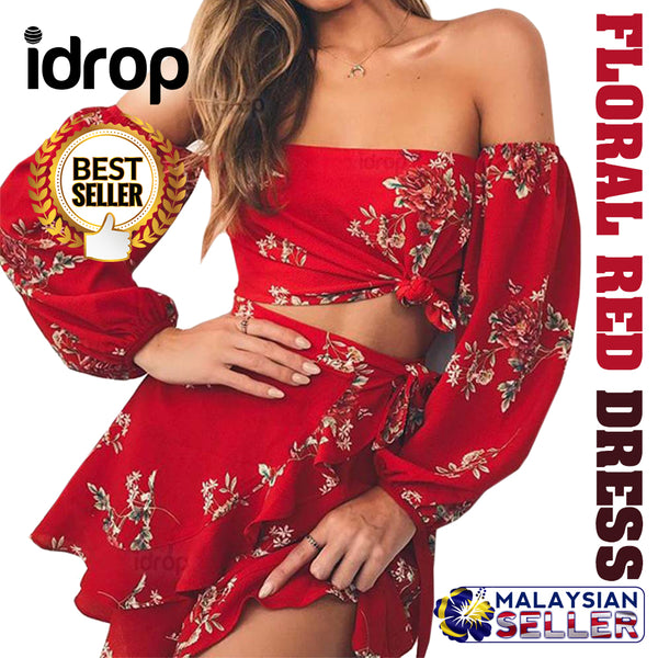 idrop FLORAL RED Women's Two Piece Chiffon Dress