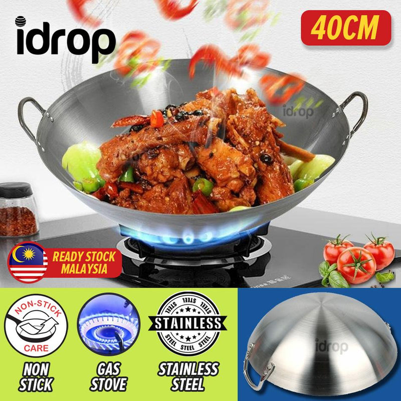 idrop [ 40CM ] Stainless Steel Double Ear Kitchen Cooking Wok / Kuali Periuk Memasak Keluli Tahan Karat / 不锈钢双耳厨房炒锅