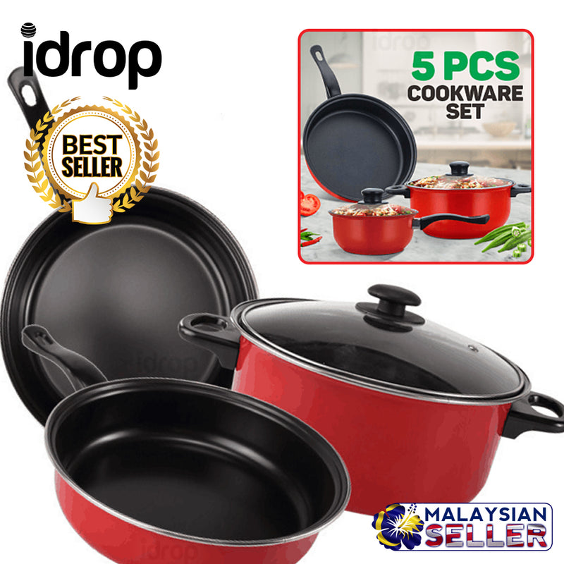idrop 5PCS RED KITCHEN Cooking Pot Pan Set