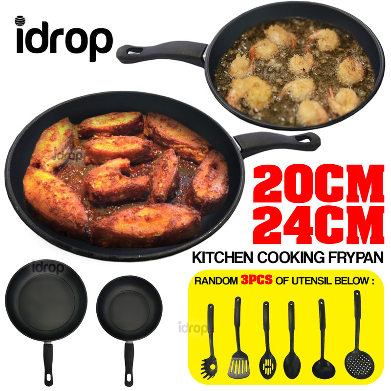 idrop 2PCS Kitchen Cookware Frying Pan [ 20CM & 24CM ] + 3PCS Cooking Utensils