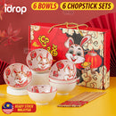 idrop [ 6PCS ] CNY Chinese New Year of Rabbit Ceramic Rice Bowl Set with Chopsticks [ Yingfu Rabbit ] / Set Mangkuk Seramik & Chopstick Tahun Baru Cina Tahun Arnab / 陶瓷套装(兔) 迎富兔6碗6筷陶瓷套装CNY