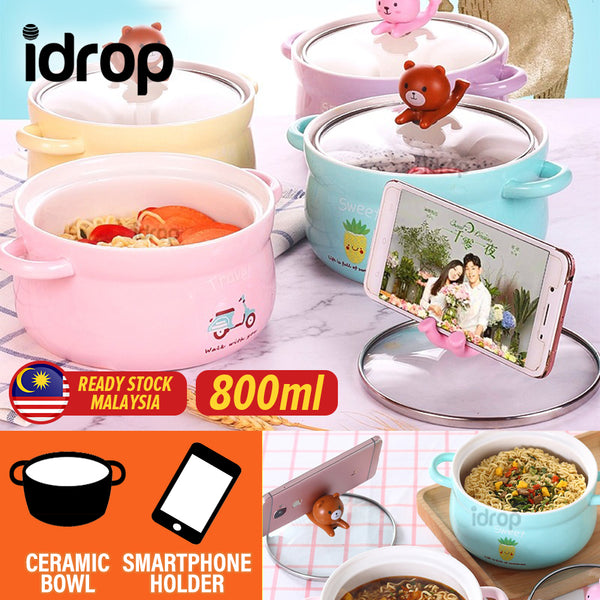idrop [ 800ml ] 15CM Ceramic Noodle Bowl with Lid Cover Smartphone Holder / Mangkuk Mee Seramik 15CM dengan Penutup Kaca / 萌趣手机支架陶瓷面碗(15CM)