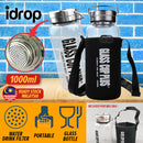 idrop [ 1000ml ] Glass Cup Drinking Water Bottle with Bottle Carry Bag / Botol Air Kaca dengan Beg Botol Mudah Alih / (钢盖)高硼硅玻璃壶带套(水壶)(GLASS CUP PLUS)