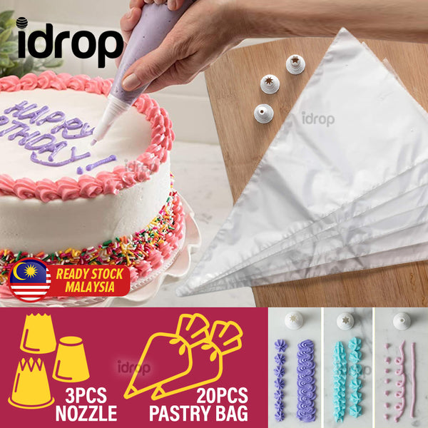 idrop Pastry & Bakery [ 20pcs ] Disposable Decorating Bags and [ 3pcs ] Decorating Nozzles Set Kits / Beg Hiasan Pastri dan Muncung /  糕点和面包店 [ 20 个 ] 一次性装饰袋和 [ 3 个 ] 装饰喷嘴套装