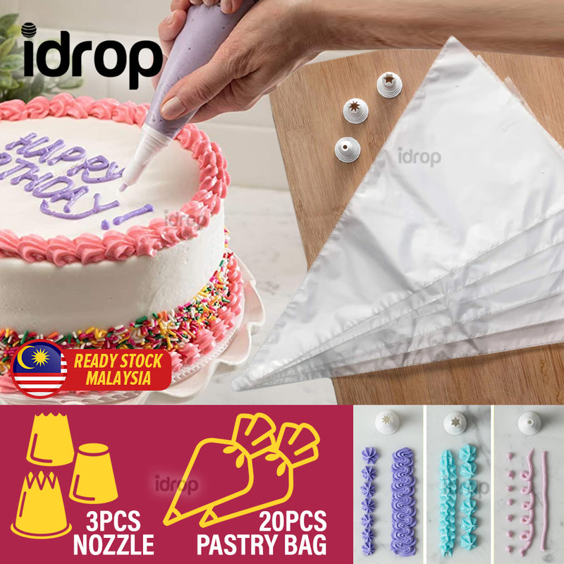 idrop Pastry & Bakery [ 20pcs ] Disposable Decorating Bags and [ 3pcs ] Decorating Nozzles Set Kits / Beg Hiasan Pastri dan Muncung /  糕点和面包店 [ 20 个 ] 一次性装饰袋和 [ 3 个 ] 装饰喷嘴套装