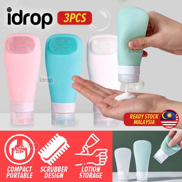 idrop [ 3PCS SET ] 90ml Silicone Lotion Dispensing Bottle With Brush Scrubber / Botol Silikon & Berus / 硅胶乳液分装瓶带刷90ML(3个 1套)