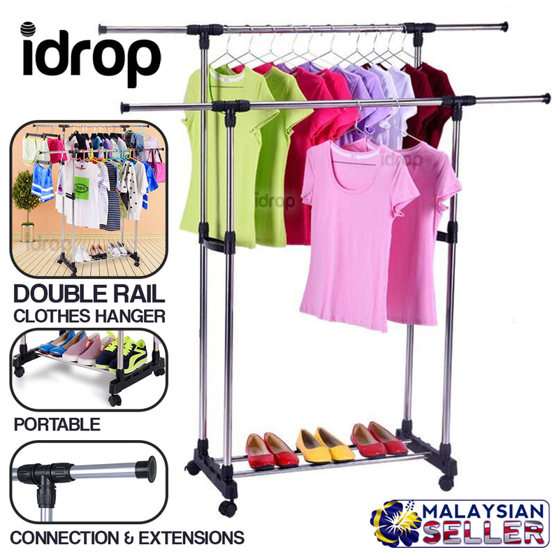 idrop Portable Double Rail Adjustable Garment Hanger Clothes Hanger w/ Wheels