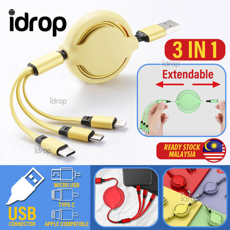 idrop 3 IN 1 Retractable Extendable USB to Type C / Micro USB / Apple Compatible Charging Cable