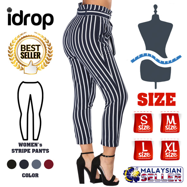 idrop Women's High-Waist Striped Cropped Pants with a Front Tie