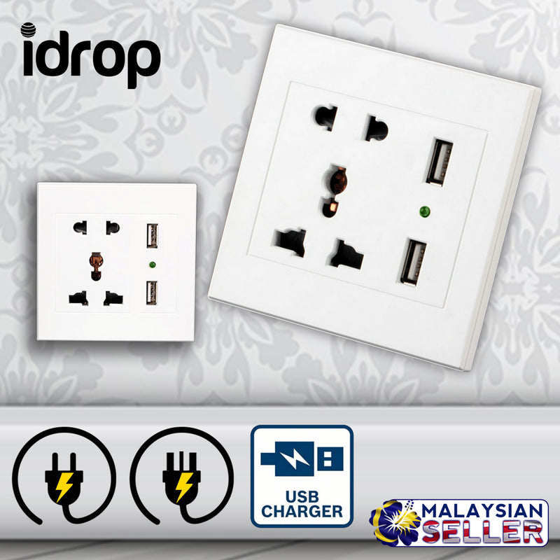 idrop 13A Multifunctional 3 pin / 2 pin Switched Plug Socket With 2 USB Interface