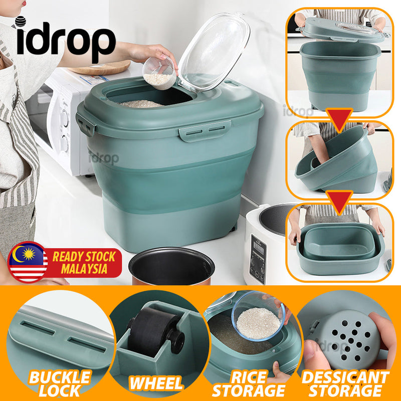 idrop Multifunctional Folding Rice Bucket / Bekas Simpanan Beras Boleh Dilipat / 多功能折叠米桶  [ 32 x 45 x 16~38CM ]