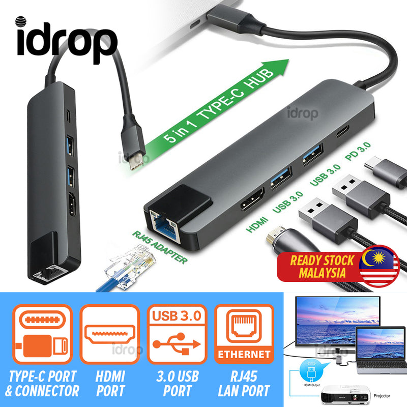idrop [ 5 IN 1 ] TYPE-C to HDMI 4K / LAN RJ45 Ethernet / Type C / USB 3.0 Adapter Cable