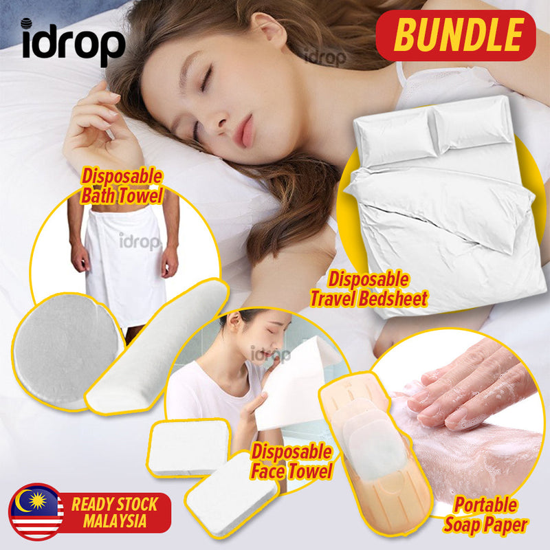 idrop SUPER BUNDLE Disposable Travel Bedsheet Set Bath Towel Face Towel & Paper Soap / Pakai Buang Set Alas Cadar Kati Tuala Mandi Tuala Muka & Kertas Sabun / 套装、一次性旅行床单套装、浴巾、面巾和纸香皂