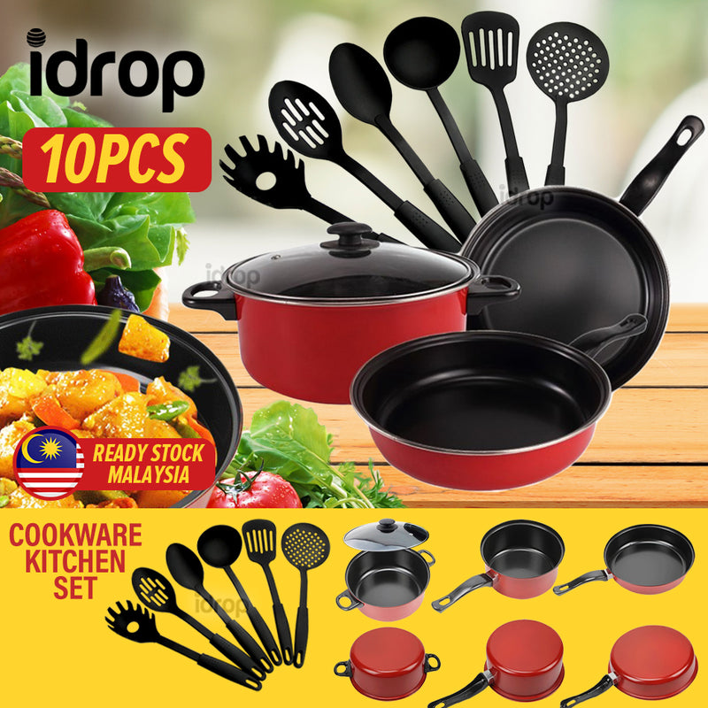 idrop [ 10pcs ] COOKWARE SET - Kitchen Cookingware Pot Pan and Utensils / Set Kuali dan Periuk Memasak / 厨房炊具锅具和餐具