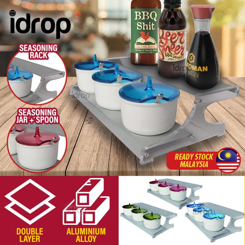 idrop Double Layer Aluminium Alloy Seasoning Rack + 3PCS Jar / Rak Dapur + 3PCS Bekas Perencah / 厨房架+3PCS调味罐