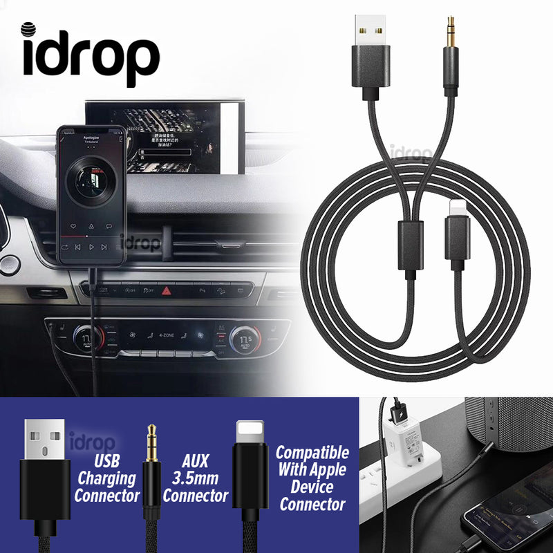 idrop iP 3.5mm Aux Audio Cable & Charging Cable Compatible with Apple Smartphone [ USB Power Connector ]