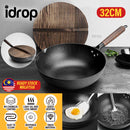 idrop [ 32CM ] Uncoated Pure Iron Kitchen Single Handle Cooking Wok with Wood Cover / Periuk Kuali Memasak Bersama Penutup Kayu / 32CM无涂层纯铁单柄炒锅带木 盖