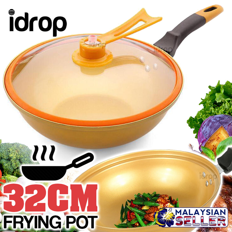 idrop 32CM Gold Kitchen Cooking Frying Pan with Lid Cover