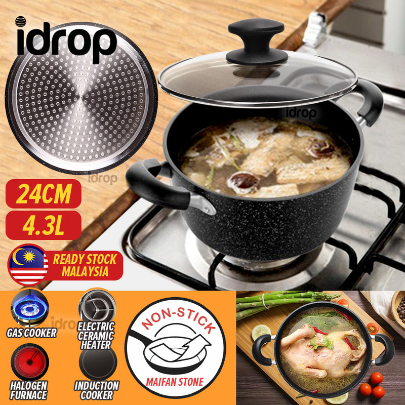 idrop [ 24CM ] 4.3L Maifan Stone Nonstick Aluminium Soup Pot With Glass Lid Cover / Periuk Mangkuk Masak / 24CM铝汤锅玻璃盖)