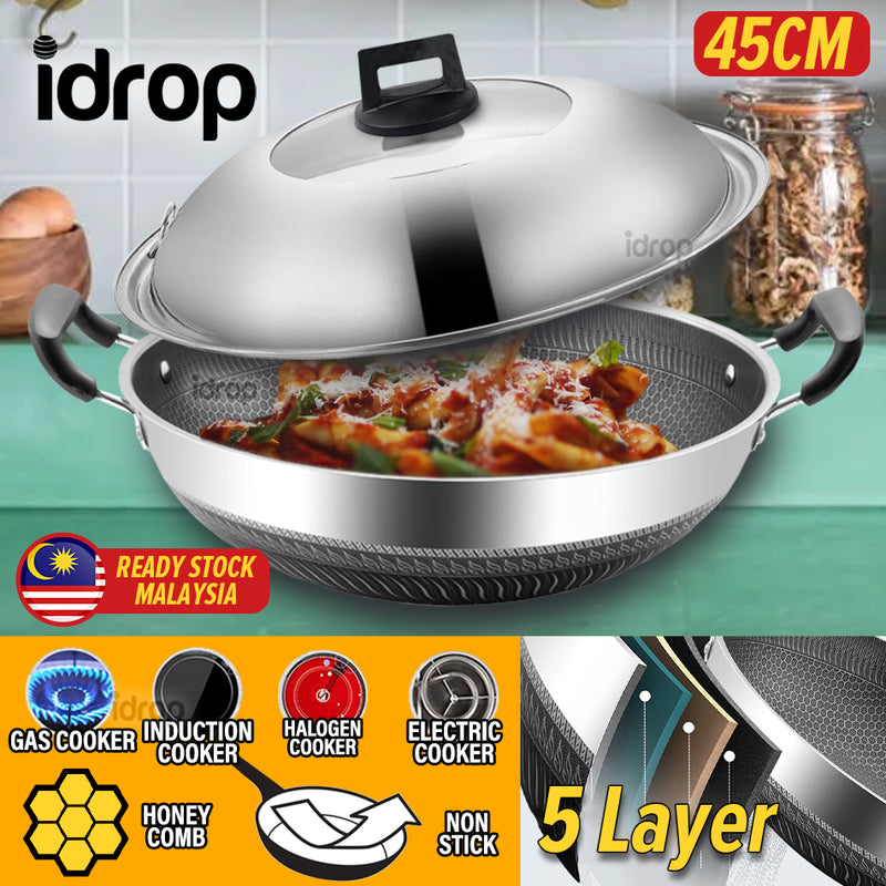 idrop [ 45CM ] Nonstick Honeycomb Kitchen Cooking Wok with Lid Cover / Kuali Masak Tidak Lekat & Penutup Kuali / 45CM双耳不粘炒锅(组合盖 )(304)(厨得乐GDL/COOKWARE)