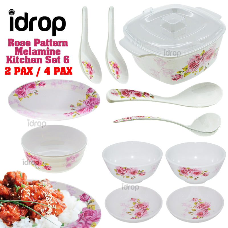 idrop Rose Pattern Melamine Kitchen Dining Tableware Set 6 [ 11 Pcs / 22 Pcs ]