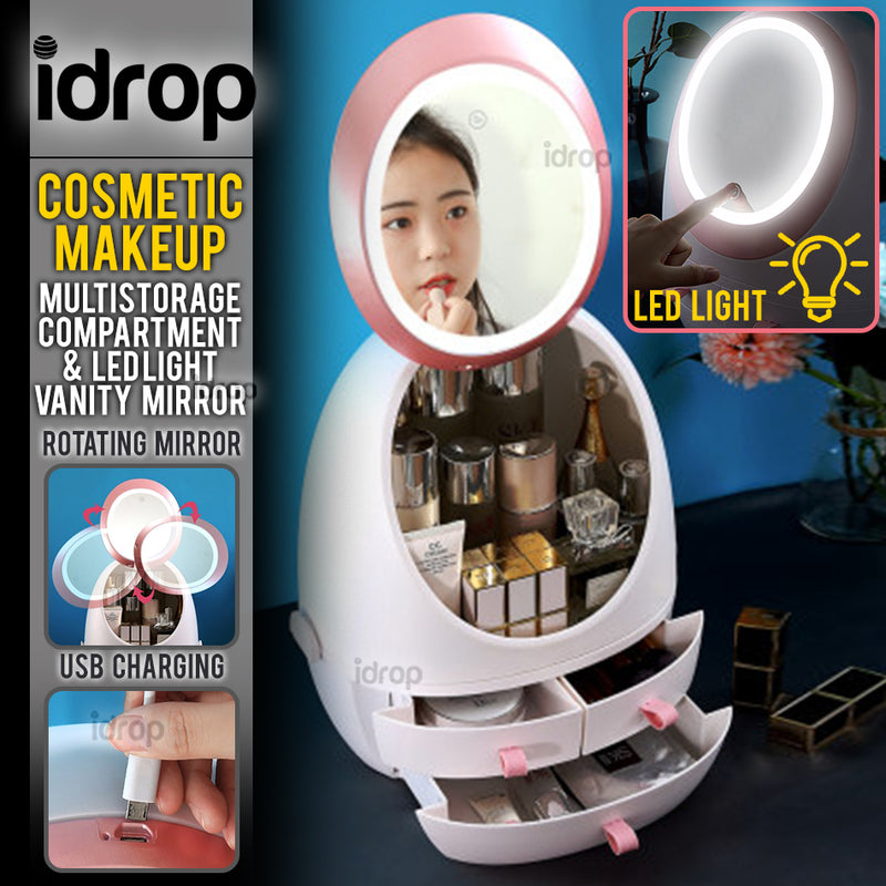 idrop Portable Multistorage Cosmetic Makeup Storage Compartment with LED Light Vanity Mirror