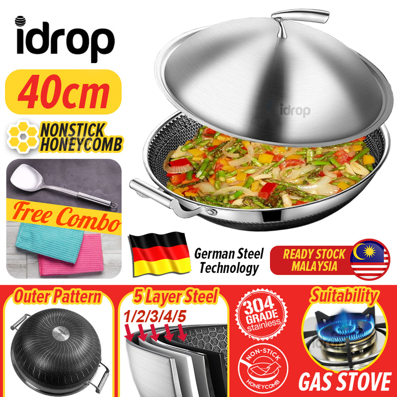 idrop 40CM Kitchen Honeycomb Non Stick Cooking Frying Wok SUS304 Stainless Steel with Lid Cover [ FREE Spatula & Microfiber Towel ]