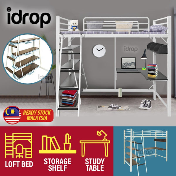 idrop [ 3 IN 1 ] Loft Bunk Bed Frame with Study Table & Book Shelves [ Single Bed ] [ WHITE ]