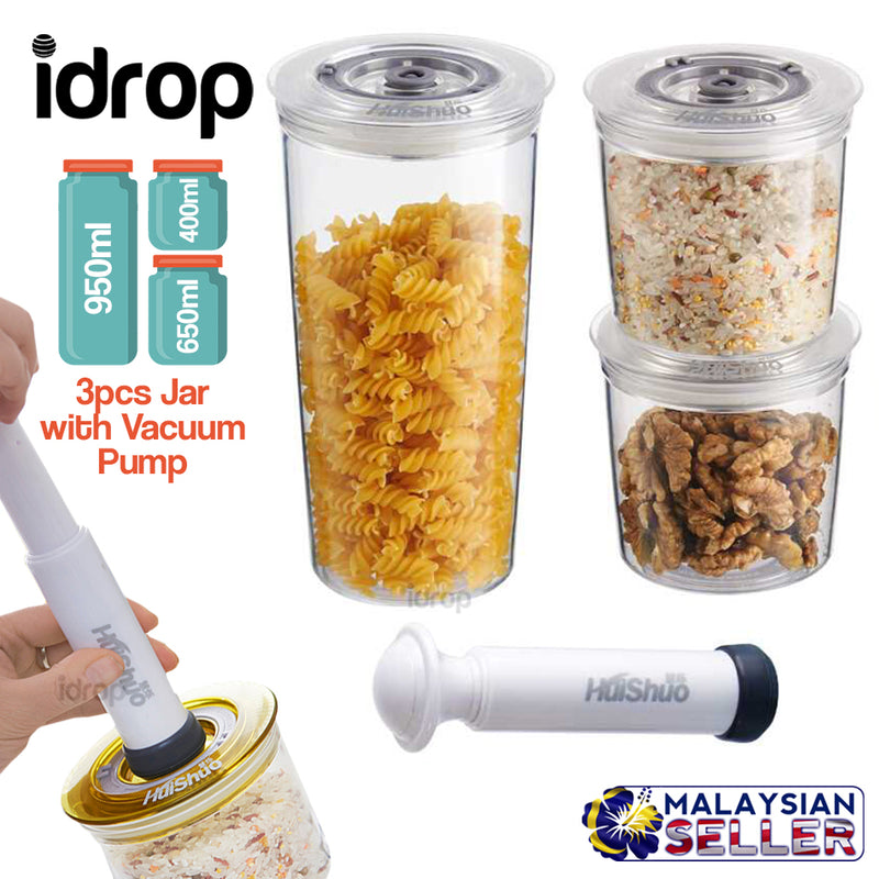 idrop 3pcs Vacuum Seal Food Storage Jar with Vacuum Pump [ 950ml / 650ml /400ml ]