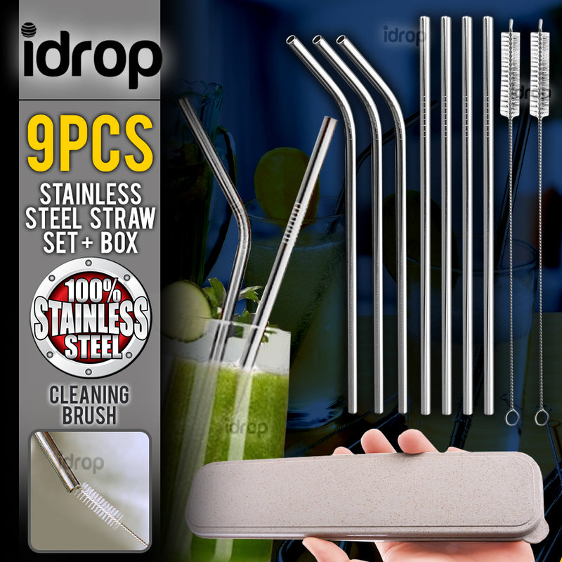 idrop 9PCS Stainless Steel Straw Drinking Set + Portable Carry Box Container