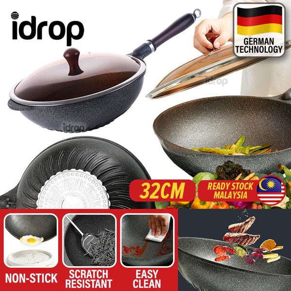idrop 32CM Non Stick 5 Layer  Scratch Resistant Frying Cooking Wok with Lid Cover